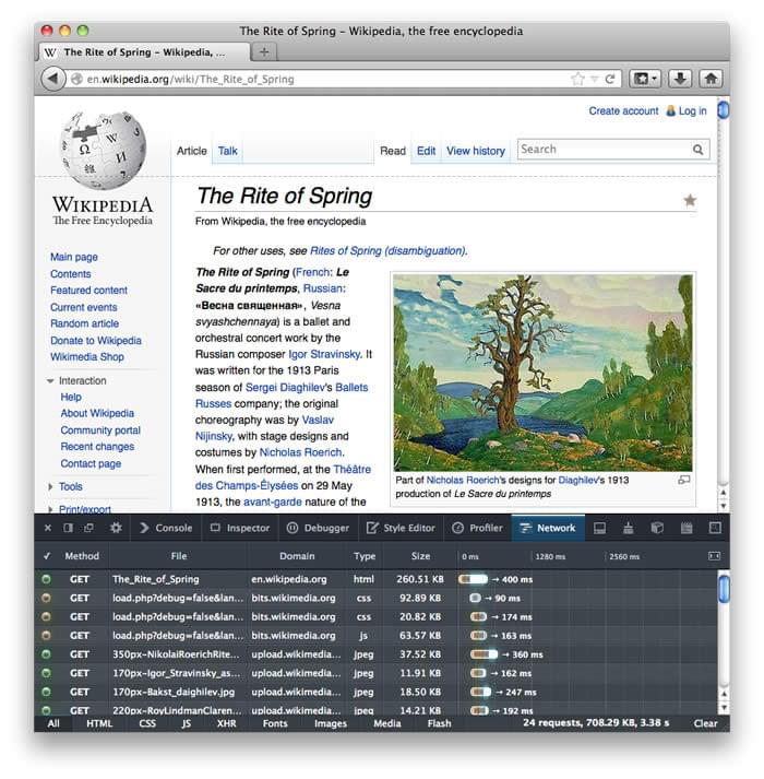 Der Firefox-Netzwerk-Monitor zeigt GET-Anfragen, mehrere Dateien und unterschiedliche Ladezeiten für jede Ressource in einem Diagramm.