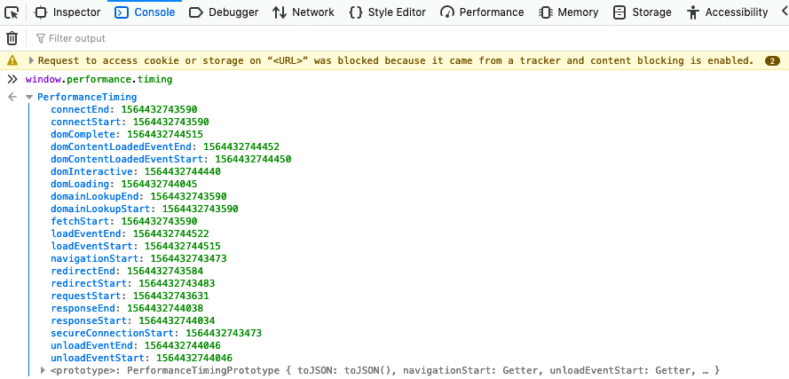 Das Eingeben von window.performance.timing in der Konsole listet alle Timings in der PerformanceNavigationTiming-Schnittstelle auf