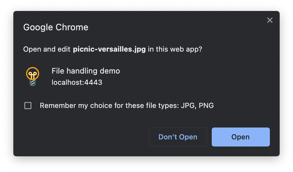 Chrome-Warndialog zum Starten der PWA zur Verarbeitung einer Datei